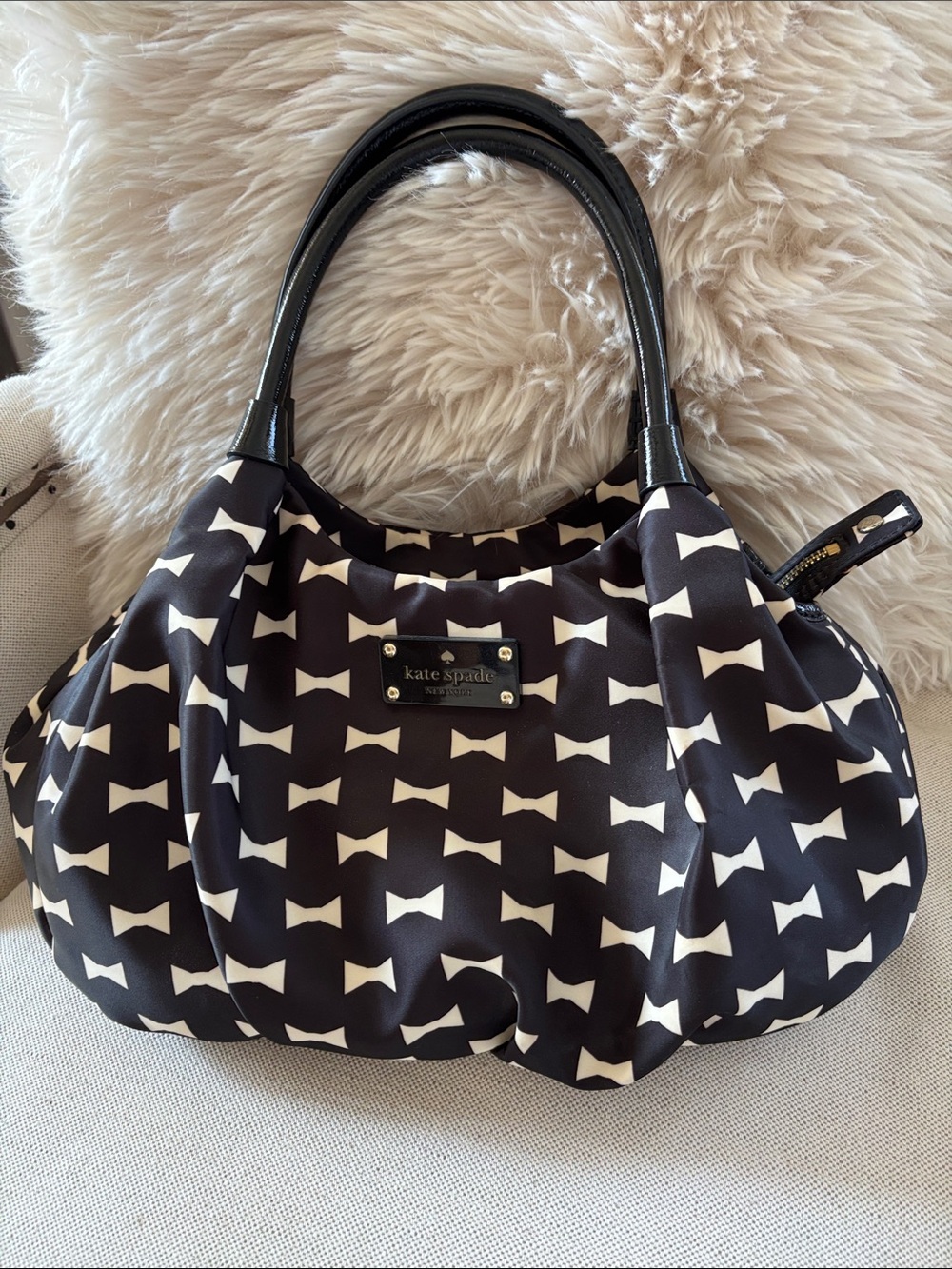 Kate Spade Nylon Black and White Bow Print Shoulder Bag